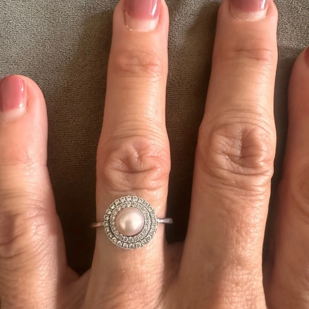 Silver and White Pearl CZ Halo Ring Size 7 Pink Cream Bridal Feminine Timeless